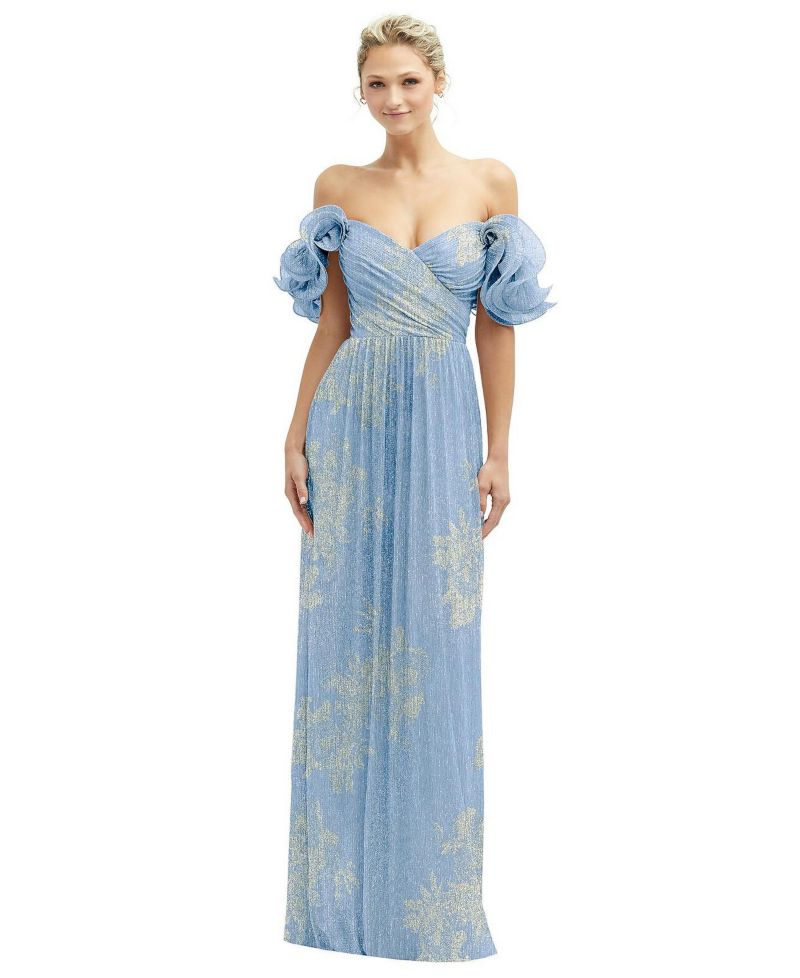 Womens Dramatic Ruffle Edge Convertible Strap Metallic Pleated Maxi Dress with Gold Foil Print