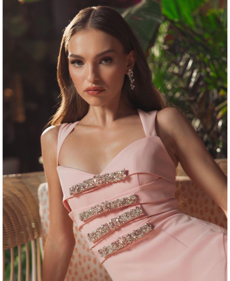 Women's Sleeveless Crepe Gown With Embellished Bows