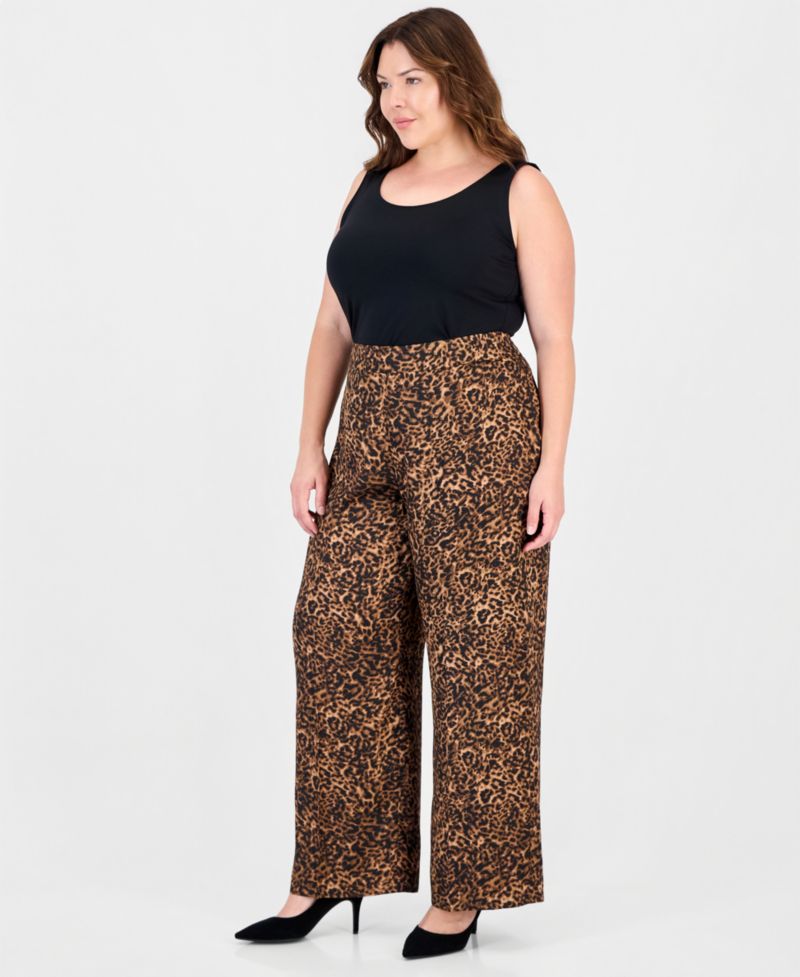 Plus Size Animal-Print Wide-Leg Side-Seam Zipper Pants