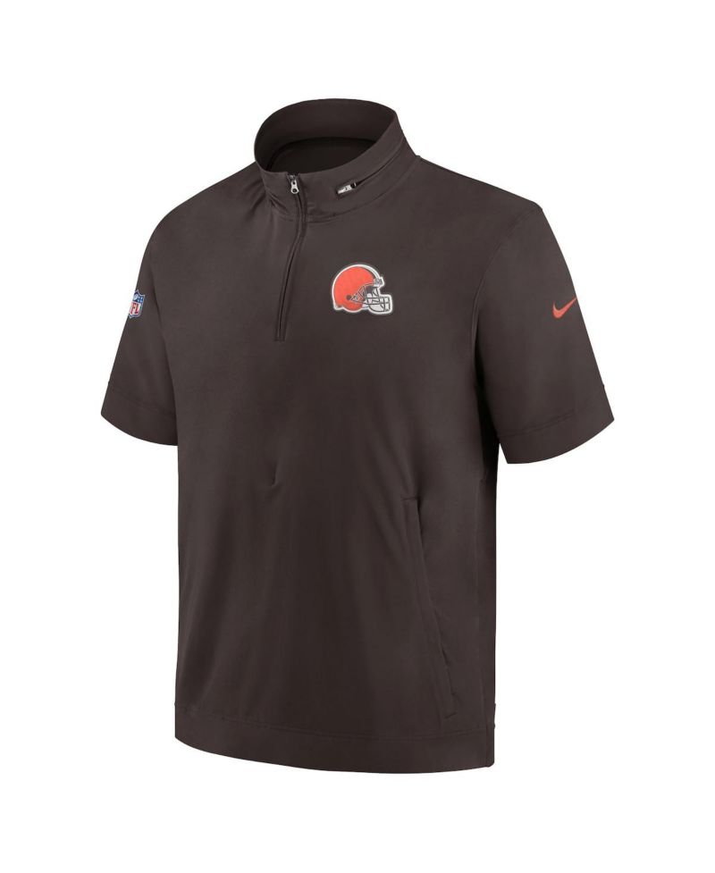 Men's Brown Cleveland Browns Sideline Coach Short Sleeve Hoodie Quarter-Zip Jacket