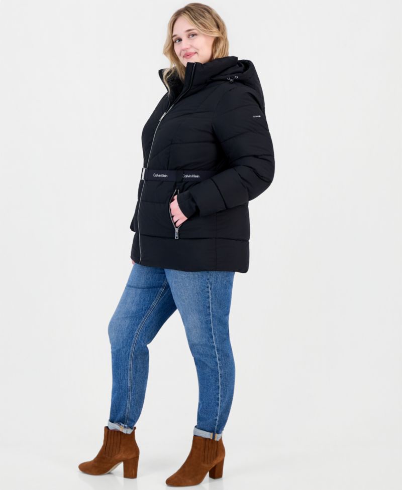 Plus Size Hooded Belted Thumbhole Puffer Coat