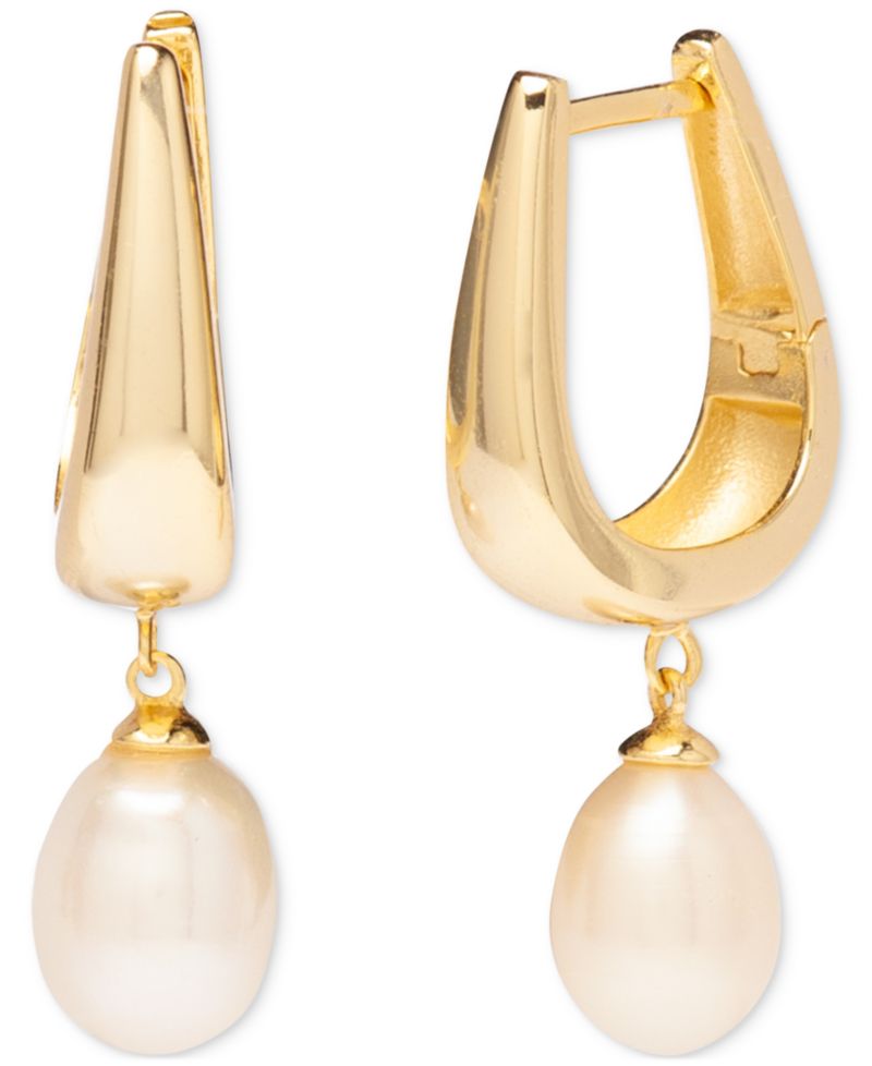 Baroque Cultured Freshwater Pearl (7x9mm) Charm Oval Hoop Earrings in 18k Gold-Plated Sterling Silver