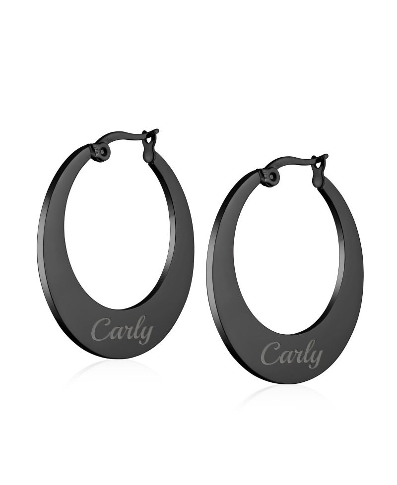 Big Flat Oval Hoop Earrings Black Plated Stainless Steel 1.25"