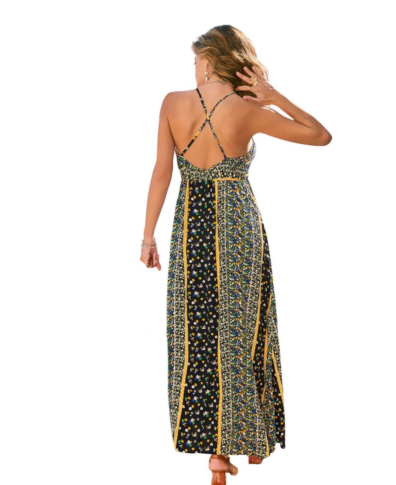 Women's Floral Print Halter Neck Side Slit Maxi Dress