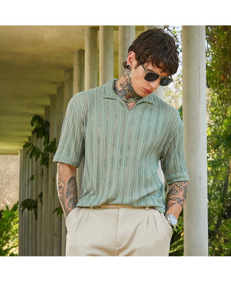 Men's Sage Green Duo-Striped Relaxed Polo T-Shirt