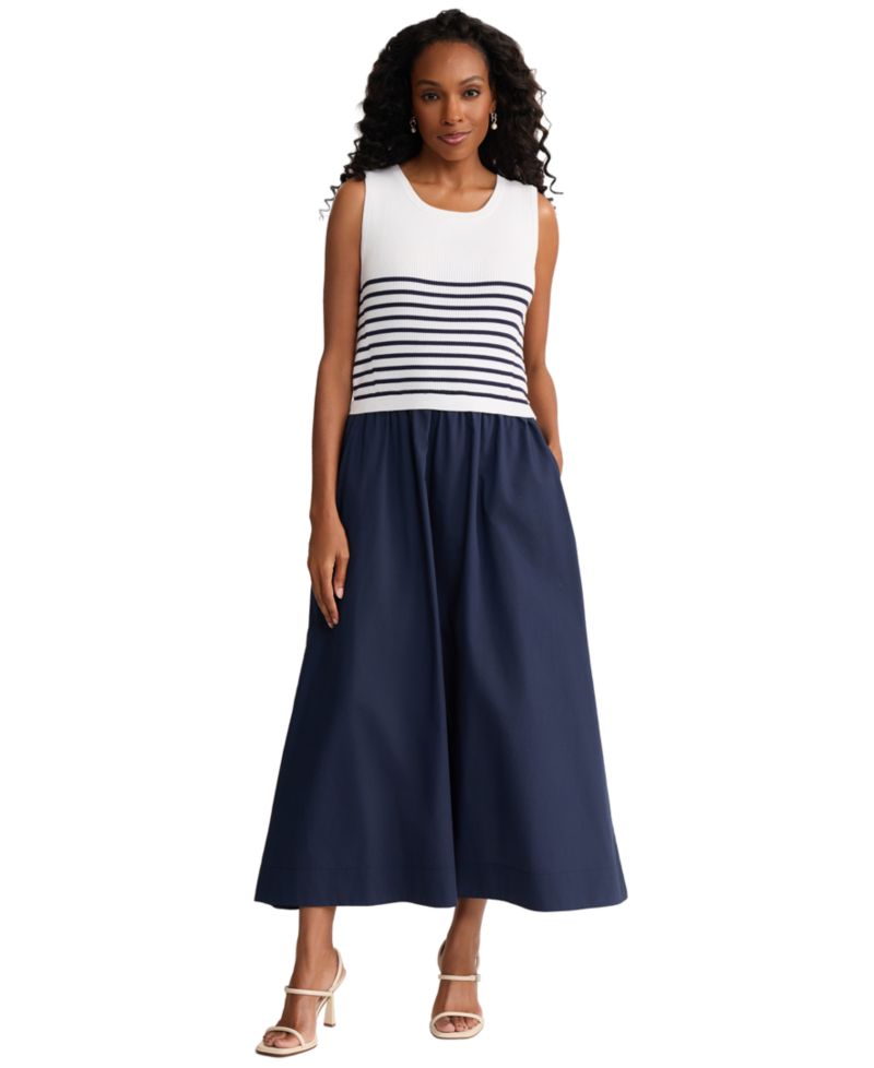 Women's Sleeveless Stripe Ribbed Knit Midi Dress