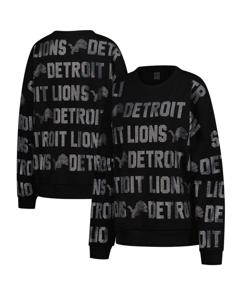 Women's Black Detroit Lions Oversized Hype Era Rhinestone Text Sweatshirt