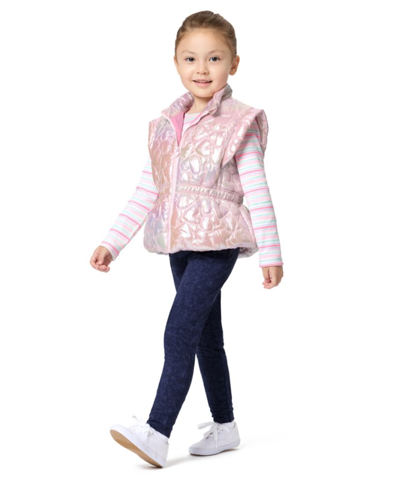 Girls' 4-16 Striped Long-Sleeve Puffer Vest, T-Shirt and Pants, 3-Piece Set