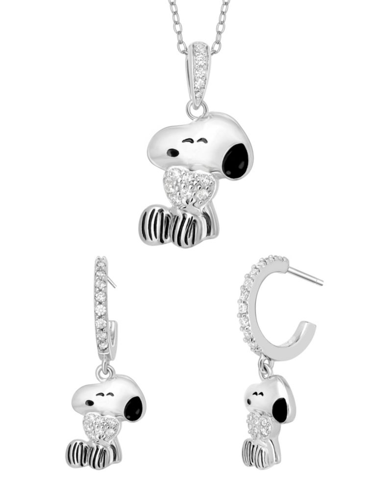 2-Pc. Cubic Zirconia Snoopy Necklace and Earrings Set in Sterling Silver