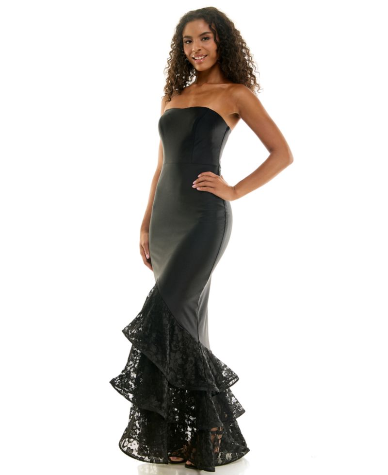 Juniors' Strapless Lace Tiered Hem Dress