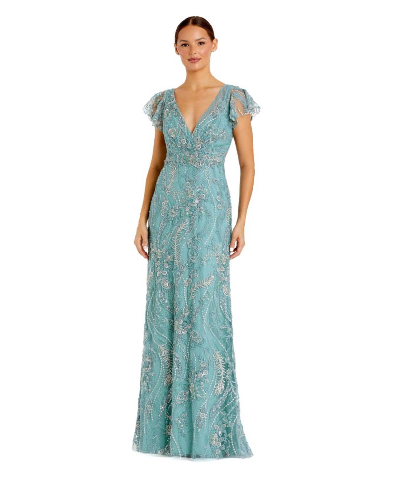 Petite V Neck Flutter Sleeve Floral Embroidered Gown