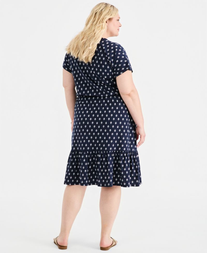 Plus Size Printed Split-Neck Tiered Midi Dress