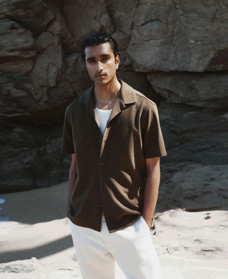 Men's Textured Cotton-Blend Short-Sleeve Button-Down Shirt