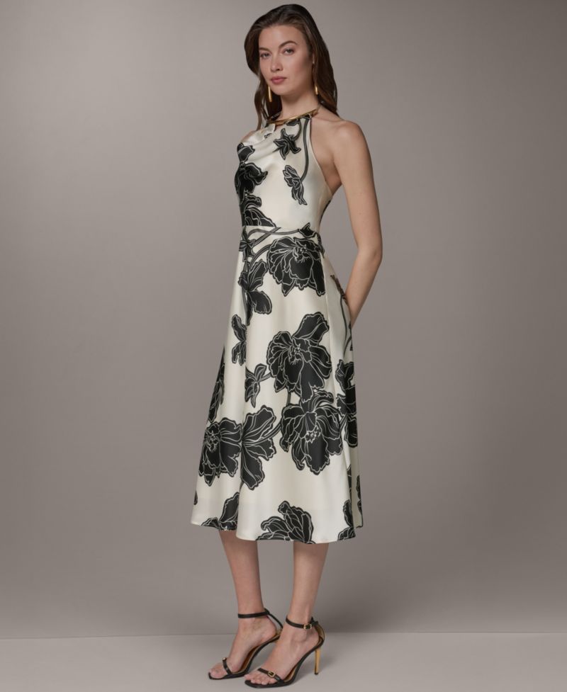 Women's Cowl Neck Halter Floral A-Line Sleeveless Midi Dress