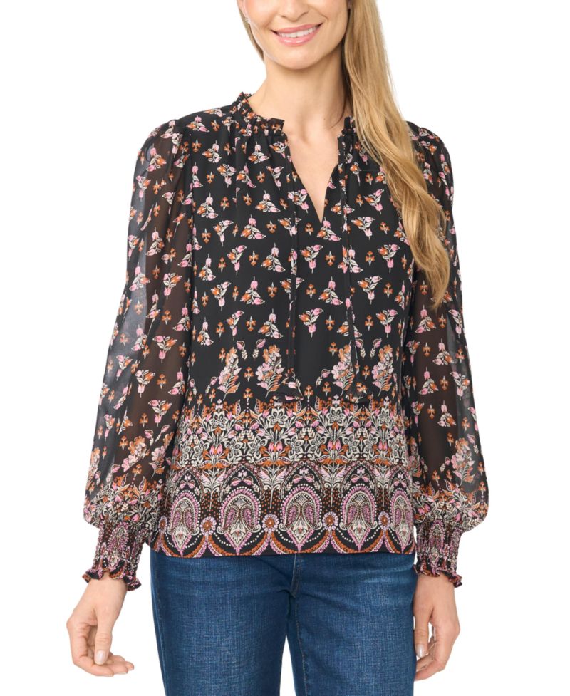 Women's Long-Sleeve V-Neck Smocked Cuff Ruffle Blouse