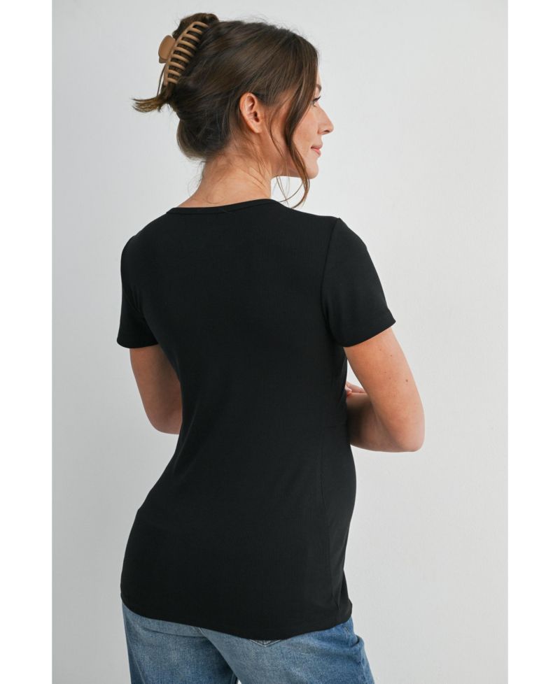 Maternity Nursing Ribbed Short-Sleeve Crewneck Top with Lift-Up Panel
