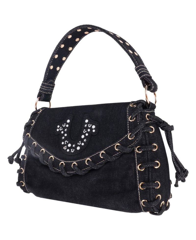 Studded Horseshoe Eyelet Denim Flap Bag