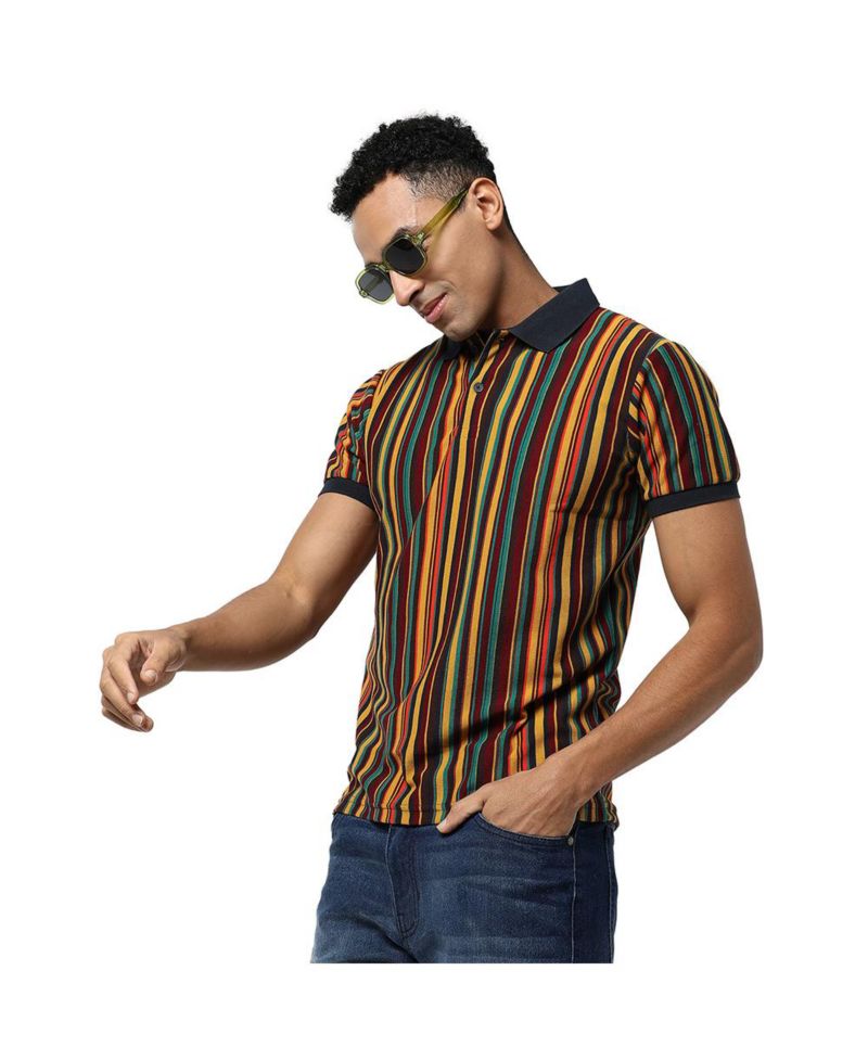 Men's Yellow & Green Candy Striped Polo T-Shirt