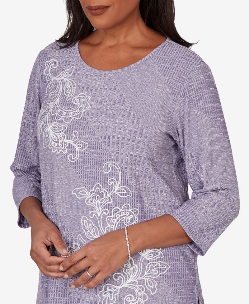 Petite Grand Bazaar Embroidered Diagonal Textured Knit Top