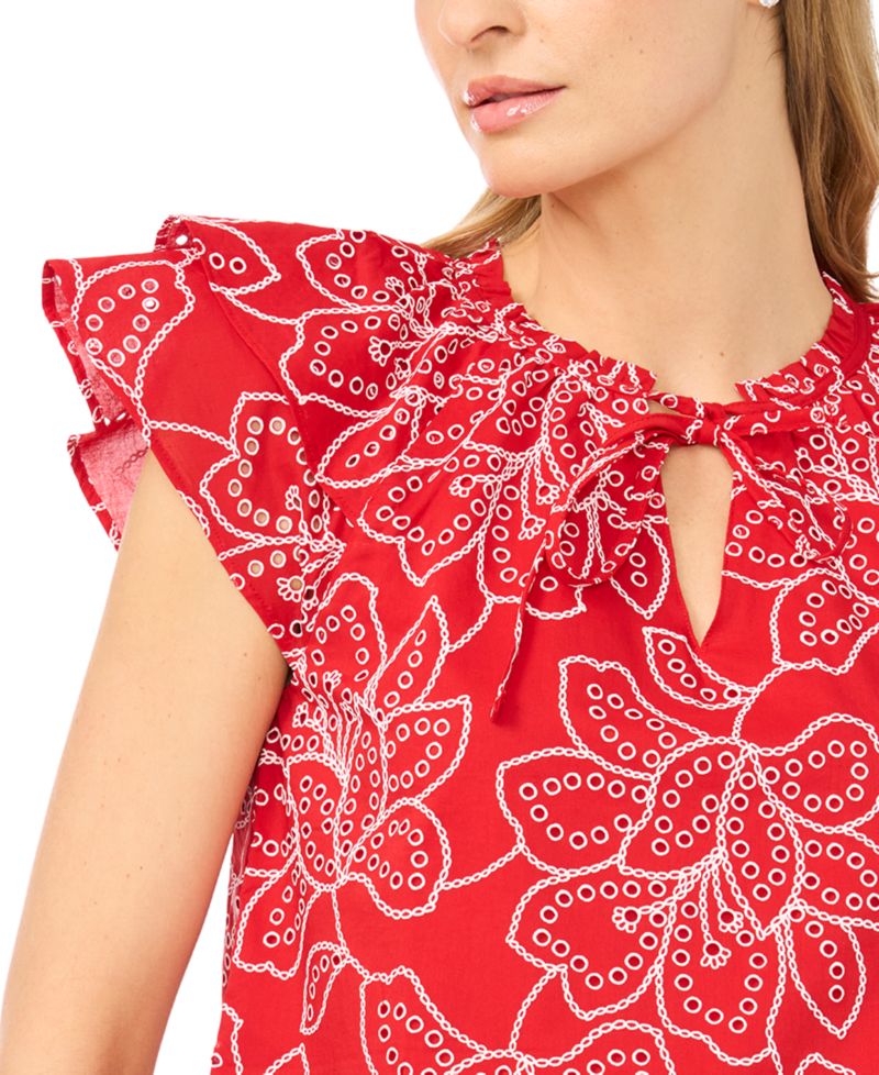Women's Printed Flutter-Sleeve Tie-Neck Top