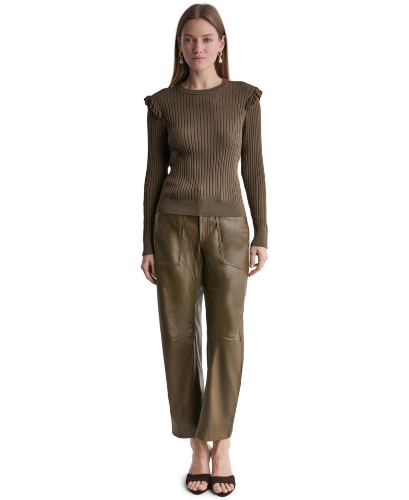 Women's Ruffle-Trim Ribbed-Knit Long-Sleeve Crewneck Sweater