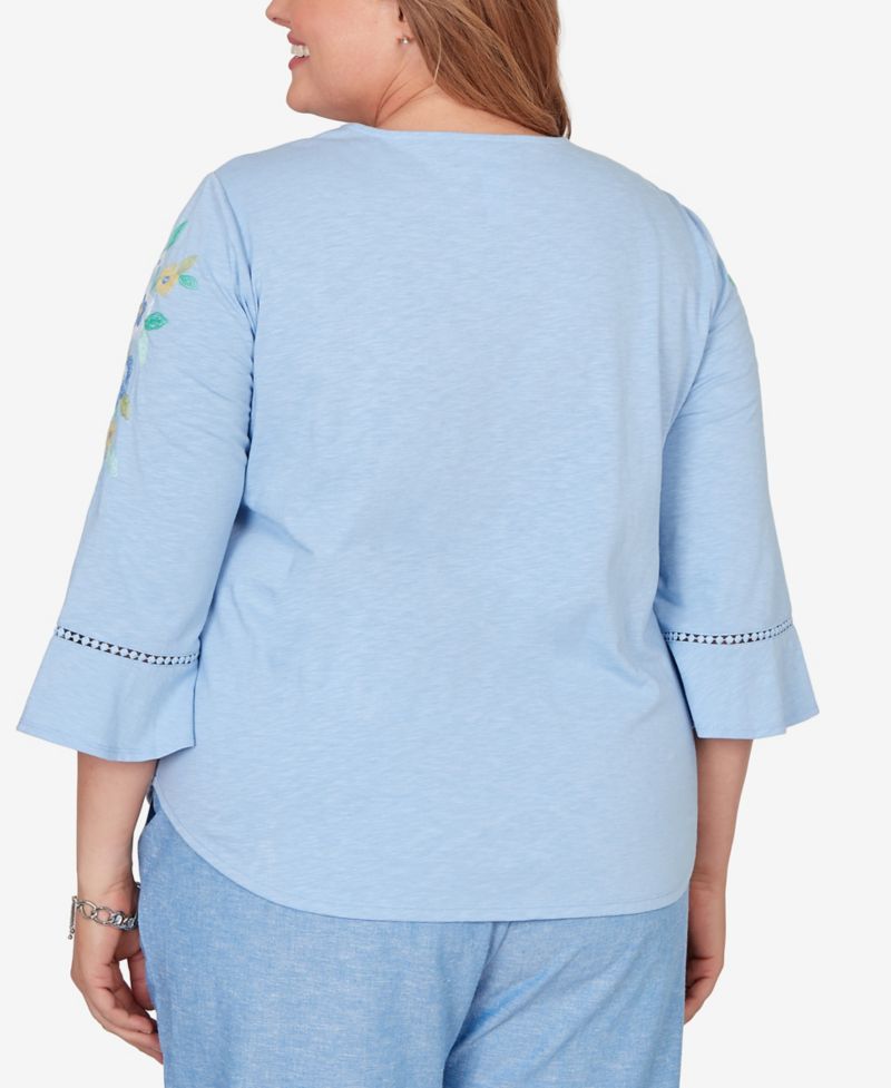 Plus Size Caribbean Blues Floral Embroidered Split Neck Top