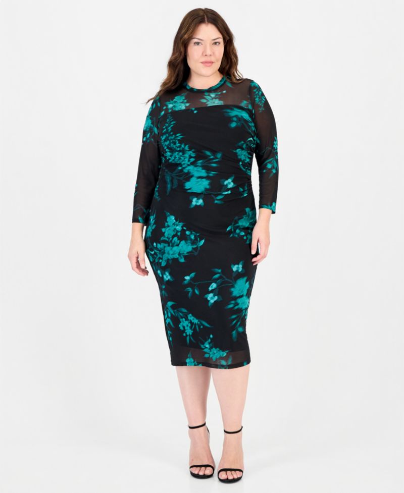 Petite Floral Long-Sleeve Mesh Midi Dress