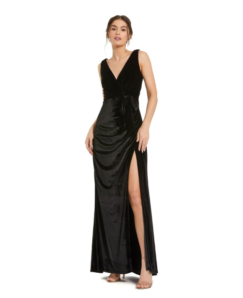 Women's Deep V High Slit Draped Velvet Fitted Gown