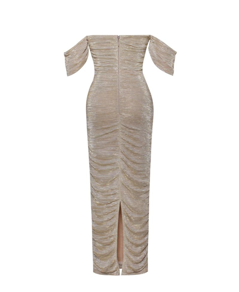 Women's Gene Gold Ruched Off Shoulder Chiffon Dress