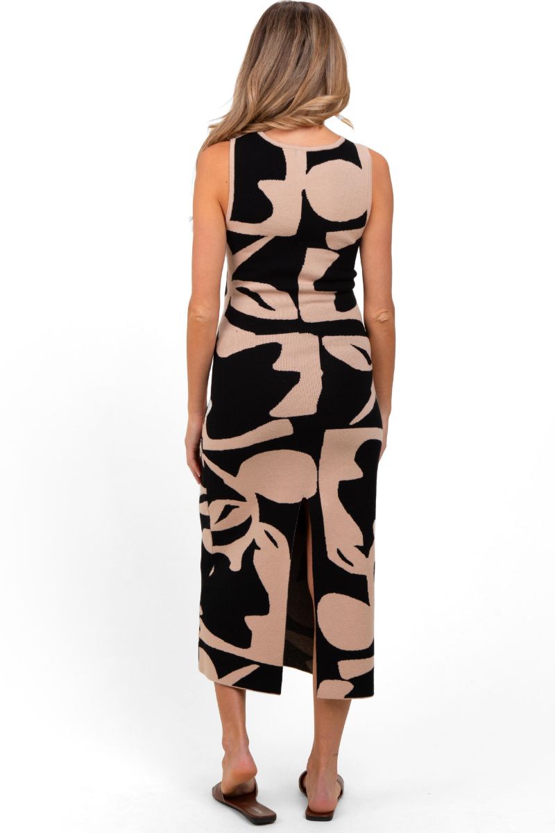 Women's Black Abstract Print Knit Sleeveless Midi Dress