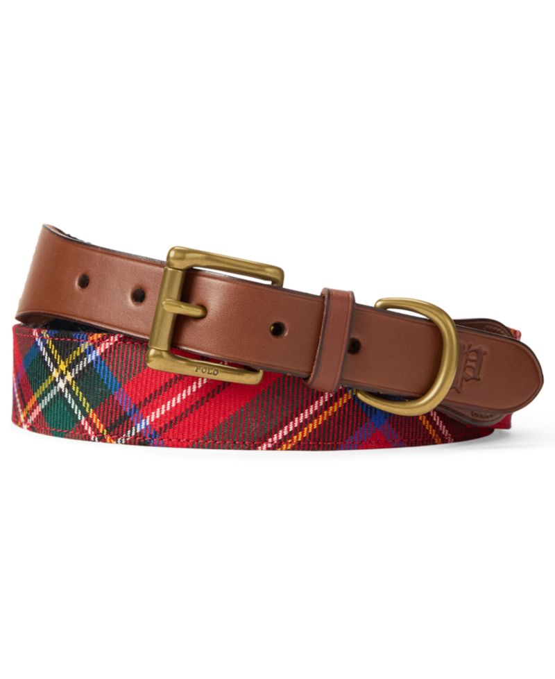 Leather-Trim Tartan Wool Belt