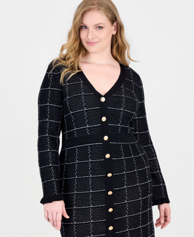 Plus Size Plaid Button-Front V-Neck Midi Sweater Dress