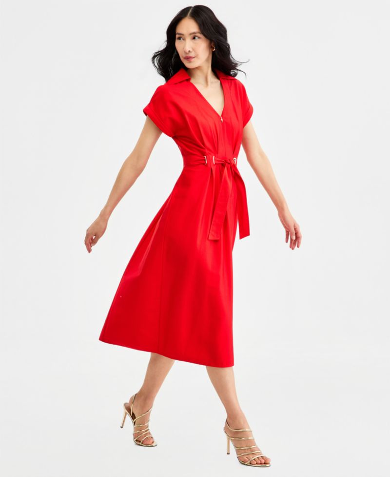 Women's Collared Belted Grommet-Waist Midi Dress
