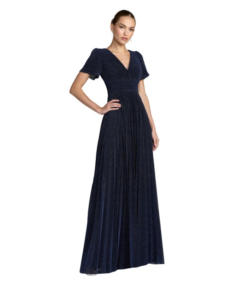 Petite Pleated Metallic Flutter Sleeve A Line Gown