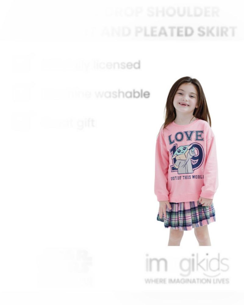 Girls 6-16 The Mandalorian Grogu Fleece Oversized Drop Shoulder Sweatshirt and Pleated Skirt