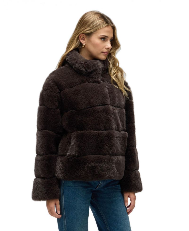 Women's Wide Stripe Faux Fur Jacket with Stand Collar