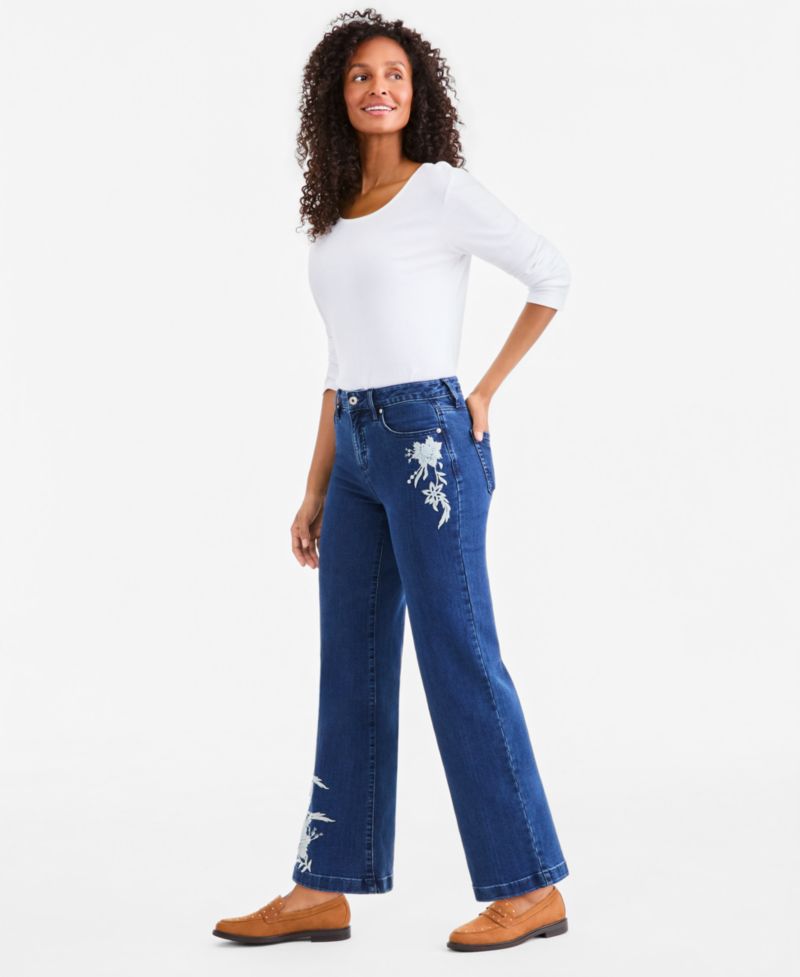 Petite Freya High-Rise Wide-Leg Floral-Embroidered Jeans