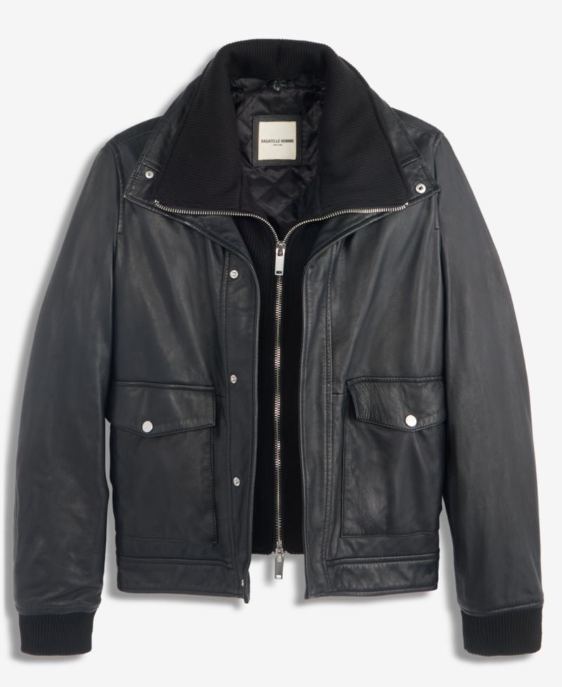 Men's Genuine Leather Bomber Jacket with Sweater Bib Insert