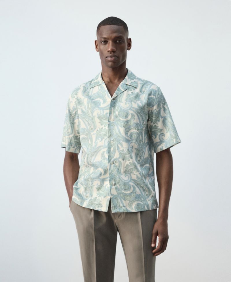 Men's Bowling Collar Printed Cotton Shirt
