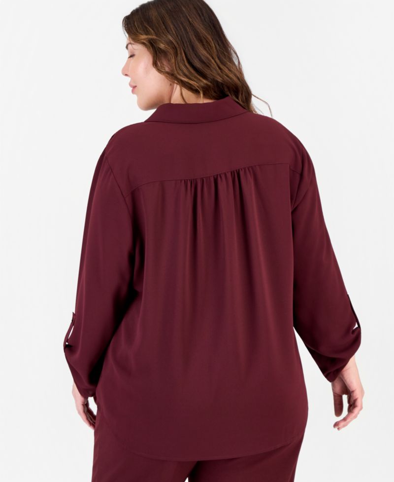 Plus Size Long-Sleeve Button-Down Roll-Tab Blouse