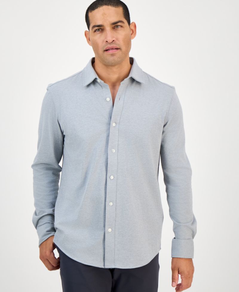 Men's Classic-Fit Heathered Jersey-Knit Button-Down Shirt