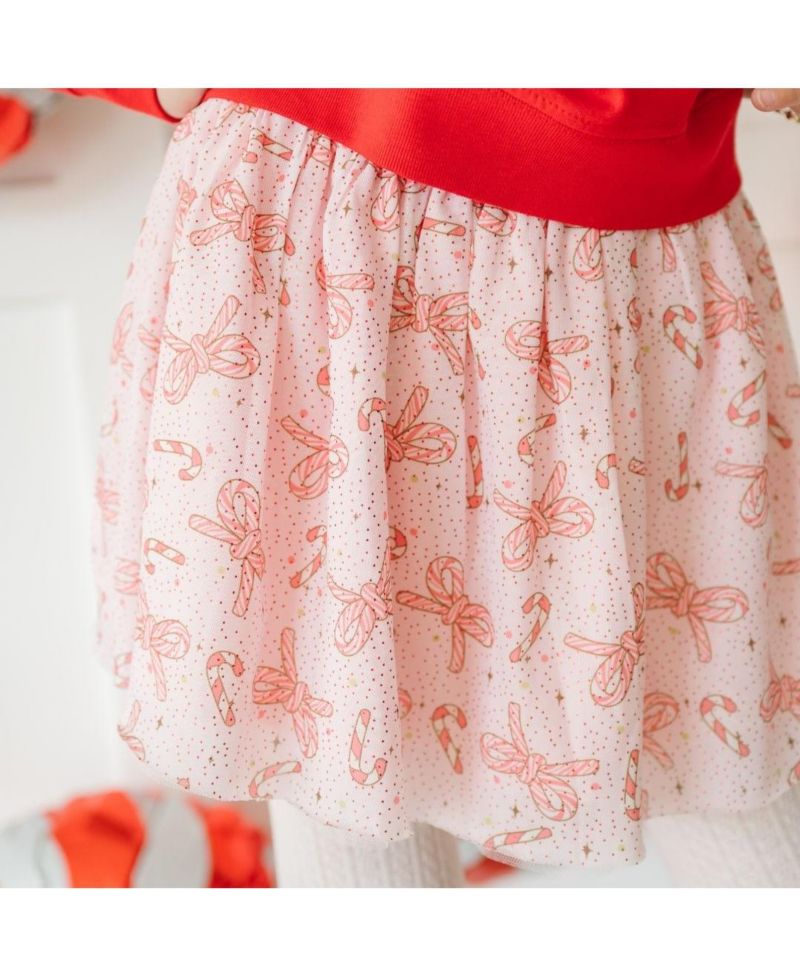 Little and Big Girls Candy Cane Bow Printed Christmas Tutu Skirt