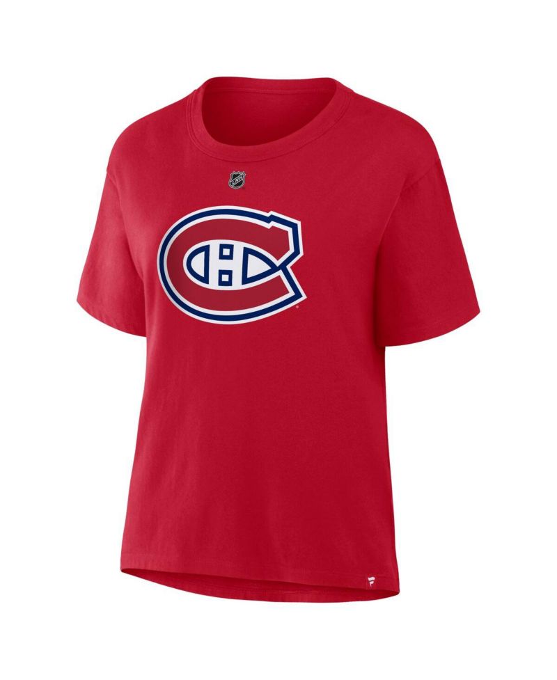 Women's Cole Caufield Red Montreal Canadiens Authentic Stack Name & Number T-Shirt