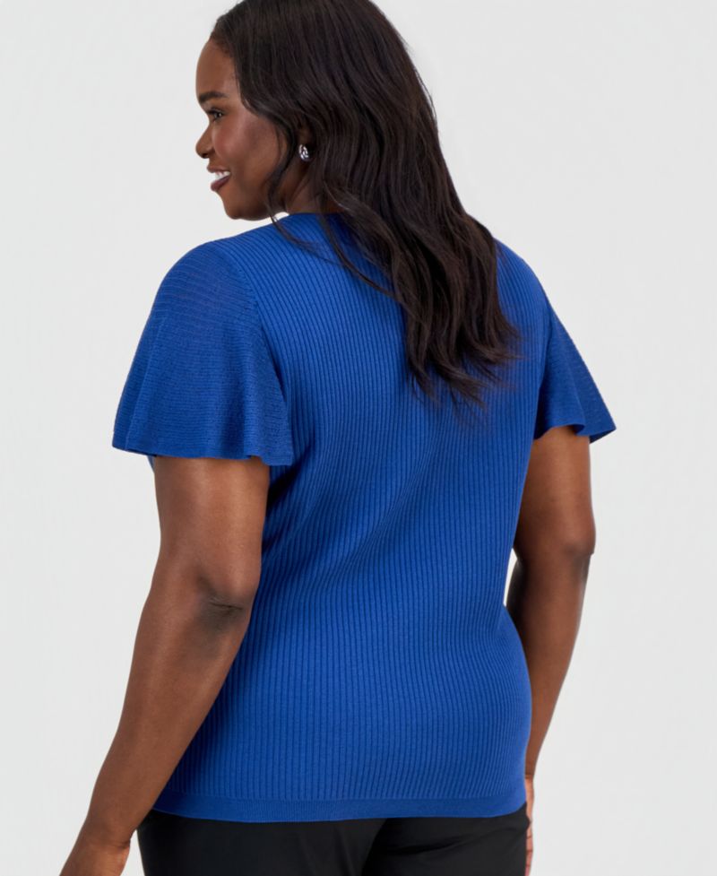 Petite Crewneck Flutter-Sleeve Rib-Knit Sweater