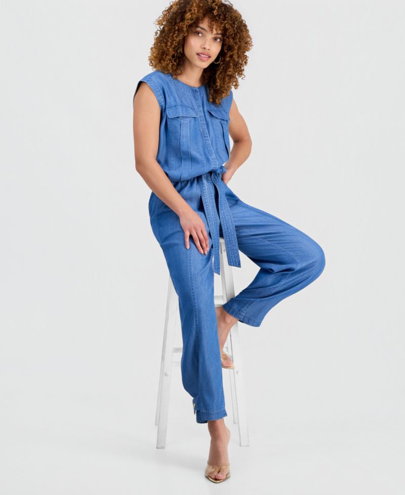 Petite Chambray Drop-Shoulder Top & High-Rise Belted Tapered Pants