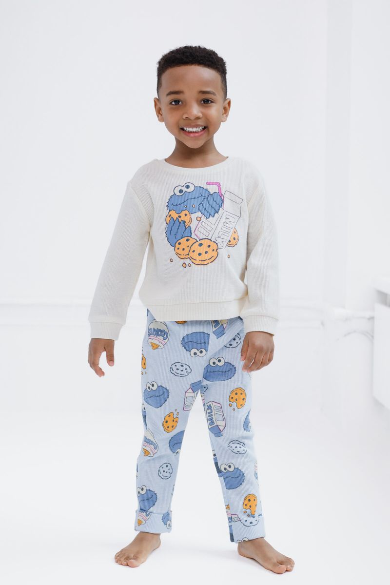 Little Boys Cookie Monster Waffle Knit Pullover Sweatshirt and Jogger Pants Outfit Set