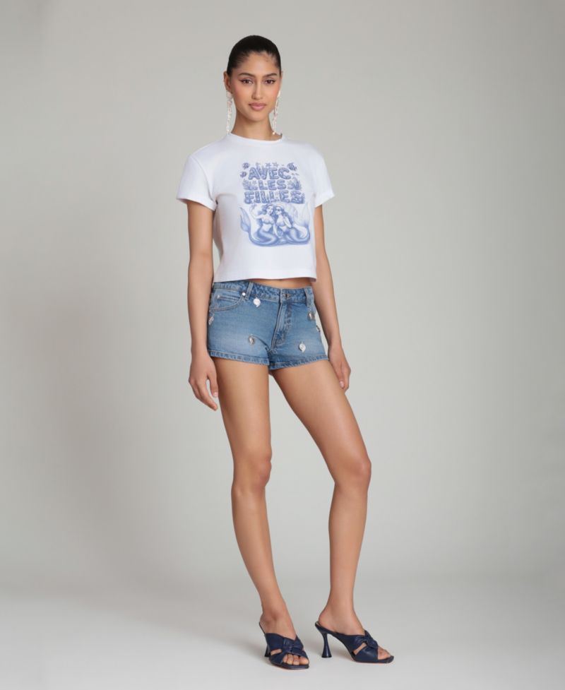 Women's Mid-Rise Charm Detail Front-Fly Denim Shorts
