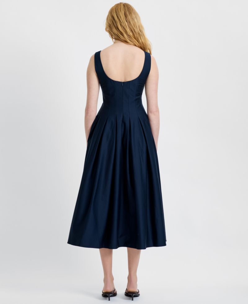 Women's Satin Fit And Flare Scoop Neck Midi Dress