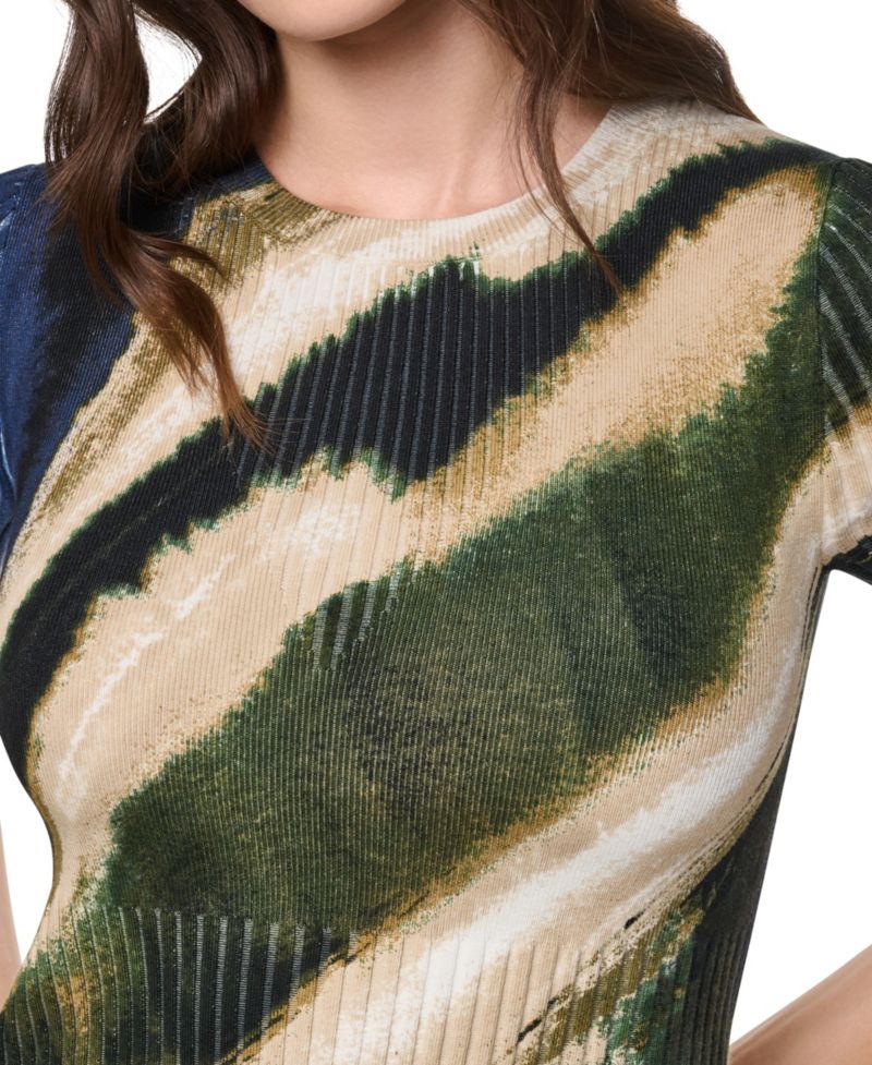 Women's Printed Rib Knit Crewneck Short-Sleeve Sweater