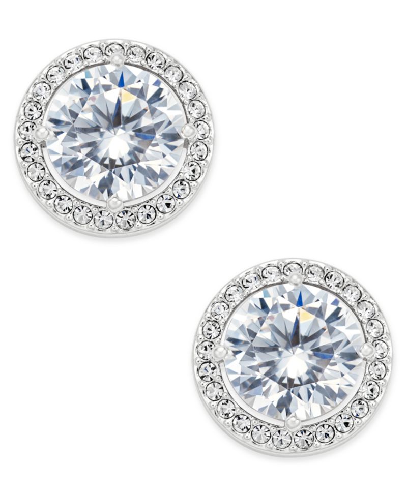 Silver-Tone Cubic Zirconia Framed Stud Earrings